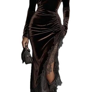 Elegant Velvet Brown Dress with Lace Detail